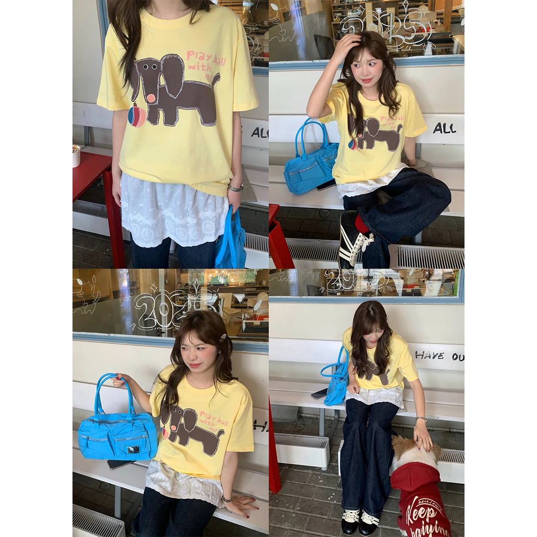 NIDEBLACK韩系少女学院香肠小狗趣味情侣短袖夏季t恤宽松套头上衣