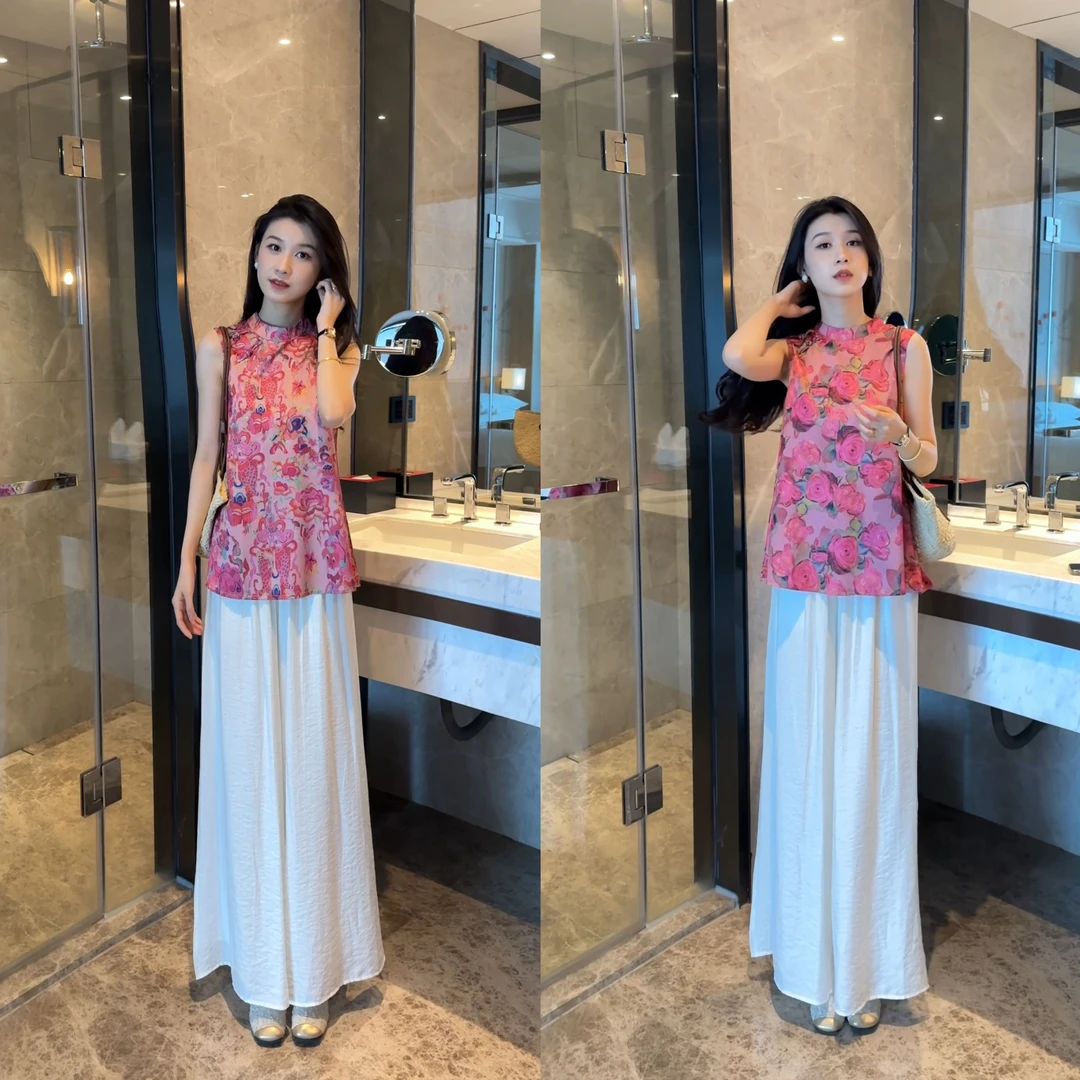 2025新中式提花无袖中长款上衣+阔腿裤女装夏季清凉感两件套