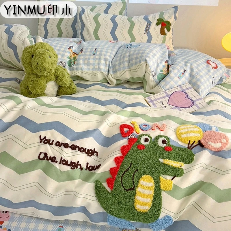 纯棉毛巾绣床上四件套全棉2025新款卡通被套学生宿舍床单人三件套
