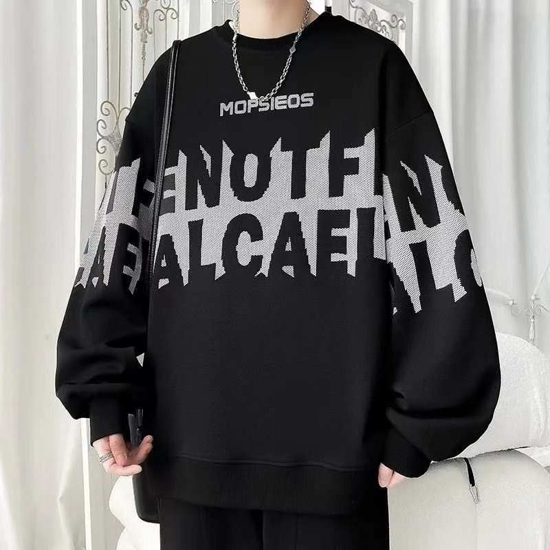 秋季港风长袖男高中生宽松百搭字母刺圆领卫衣2025新款时尚休闲风