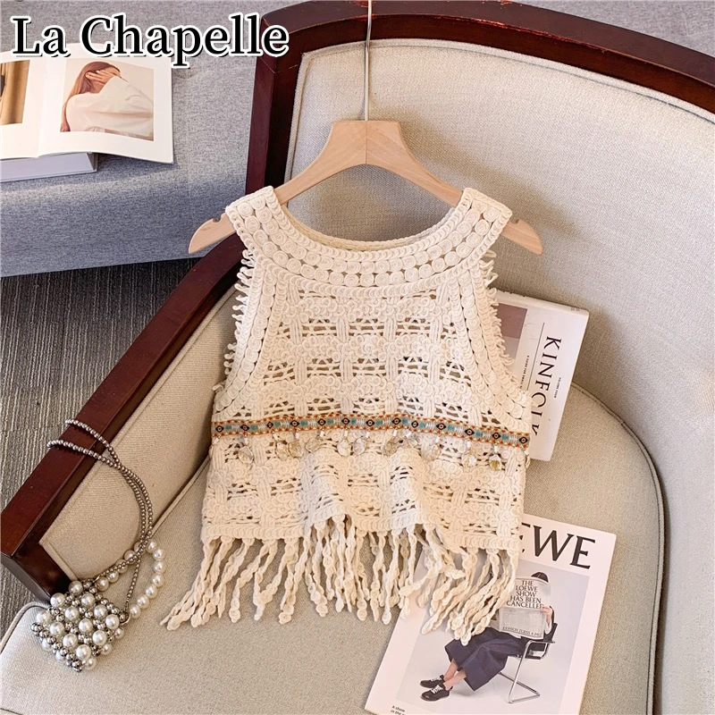 拉夏贝尔夏季波西米亚风镂空流苏背心女韩系百搭蕾丝刺绣无袖上衣
