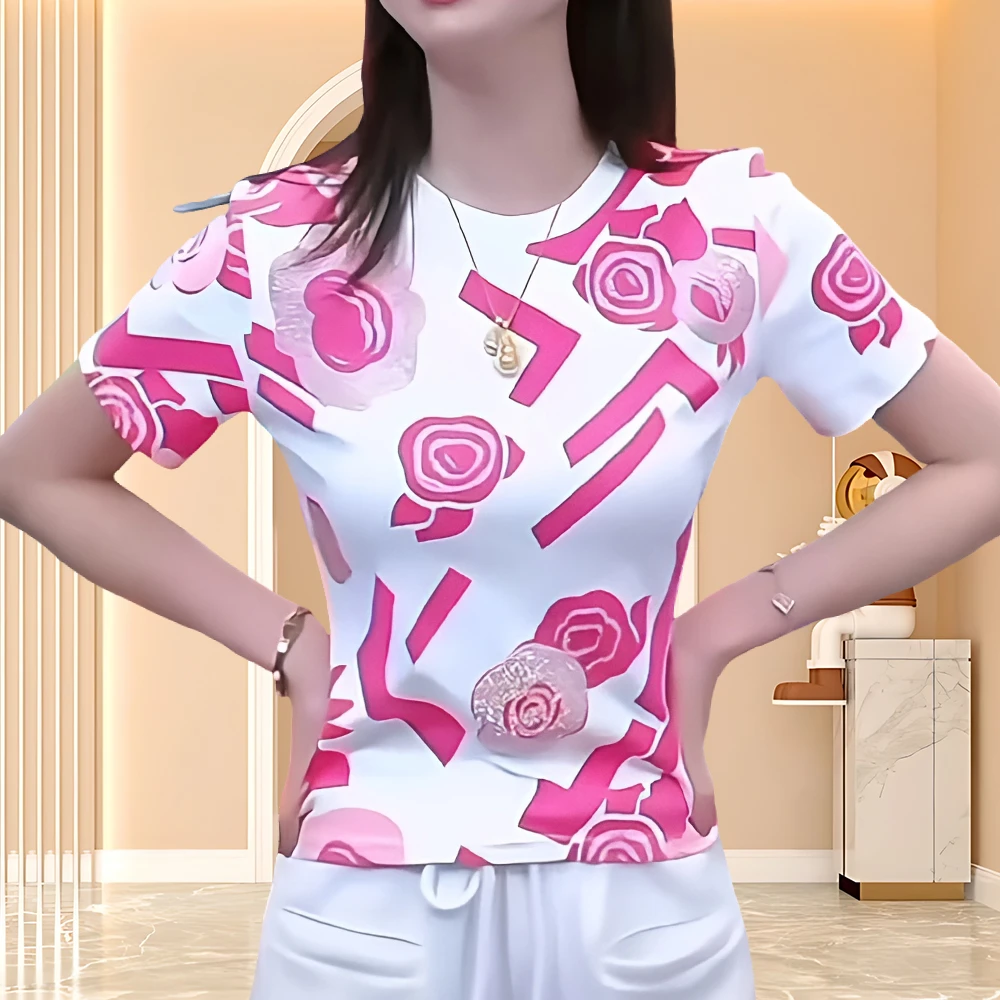 【纯棉】网红洋气炸街女装夏季显瘦圆领短袖t恤时髦印花烫钻花朵T恤