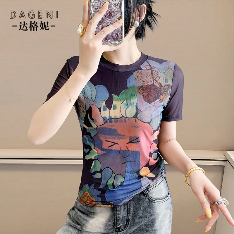 设计感印花网纱短袖t恤女2025夏季新款韩版创意涂鸦上衣洋气小衫