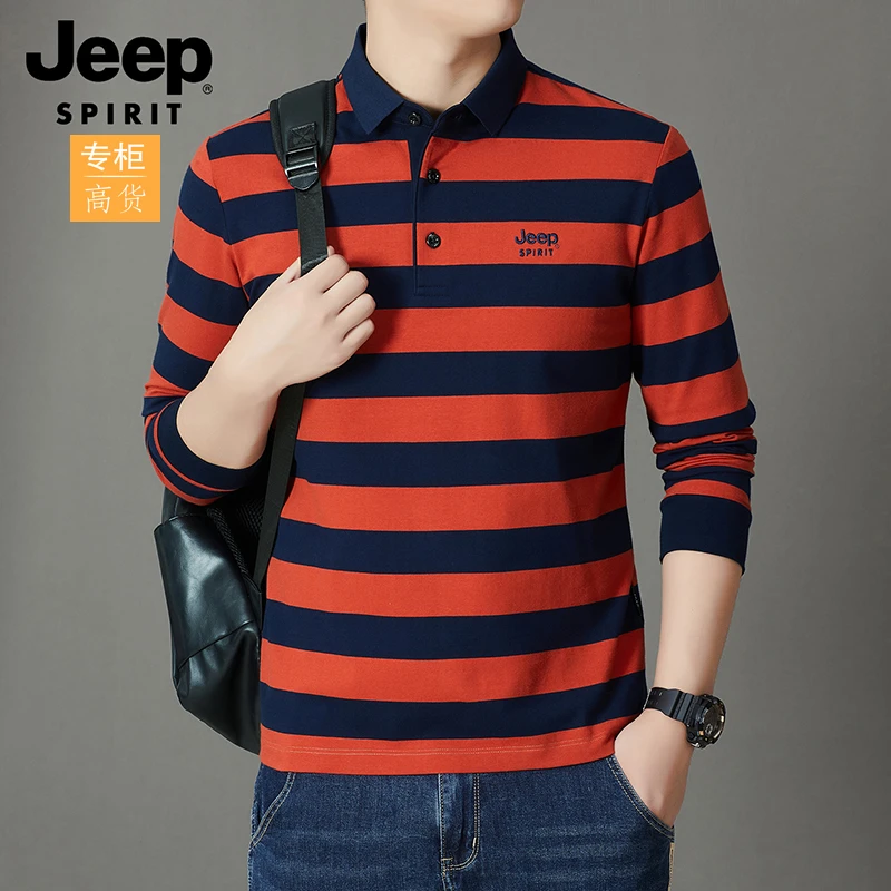 JEEP吉普条纹男t恤男士细条POLO衫Polo衫上衣长袖翻领