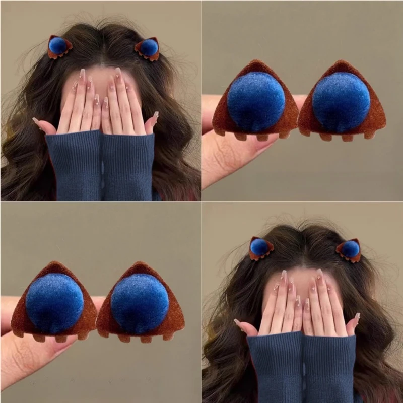 星球蓝色~紫色植绒猫耳朵小号抓夹碎发夹子发卡侧边编发头饰女