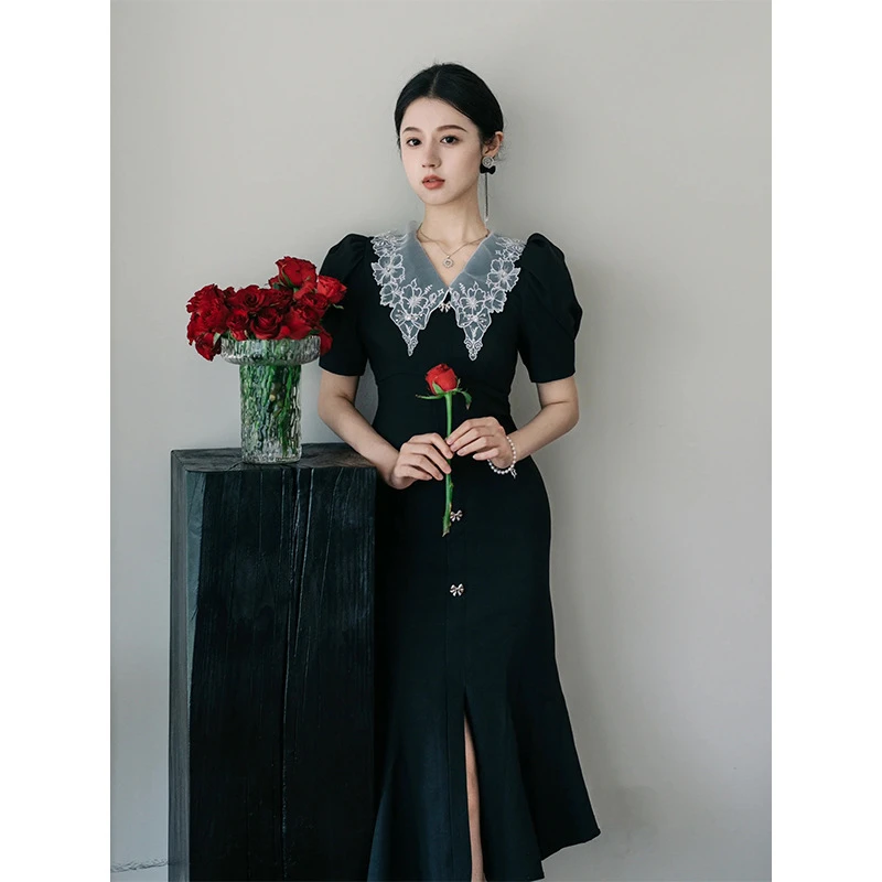 现货Gourcuff女装绣花裙子25夏季新款女装名媛修身鱼尾过膝连衣裙