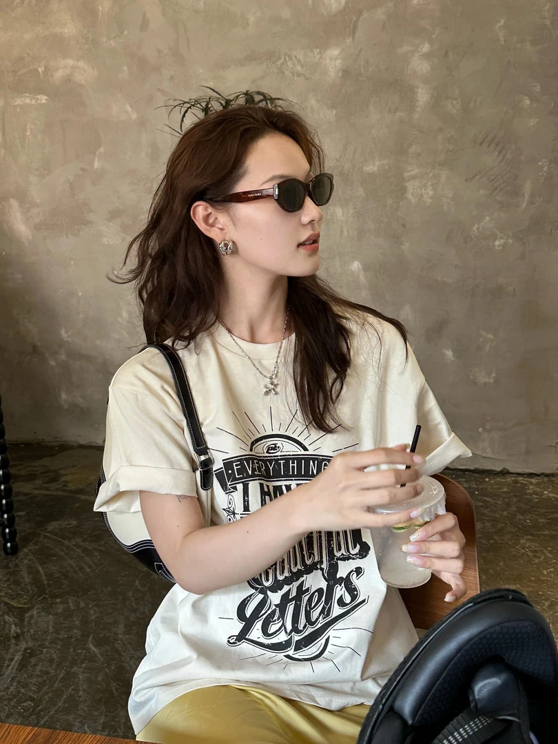 【临风明夏】夏季时尚韩系印花T恤上衣搭配高腰黄色休闲长款半裙女