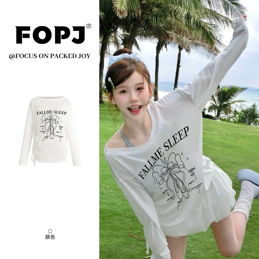 FOPJ时尚夏季防晒罩衫涂鸦斜肩长袖t恤女百搭设计感上衣ins薄款