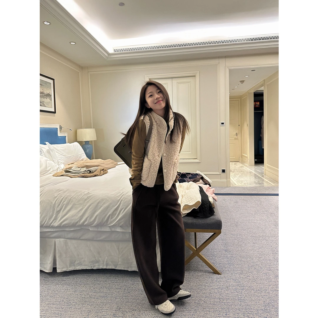 Multi Math热可可/糯米绒感加厚棉柔软百搭显瘦微弯刀阔腿长裤