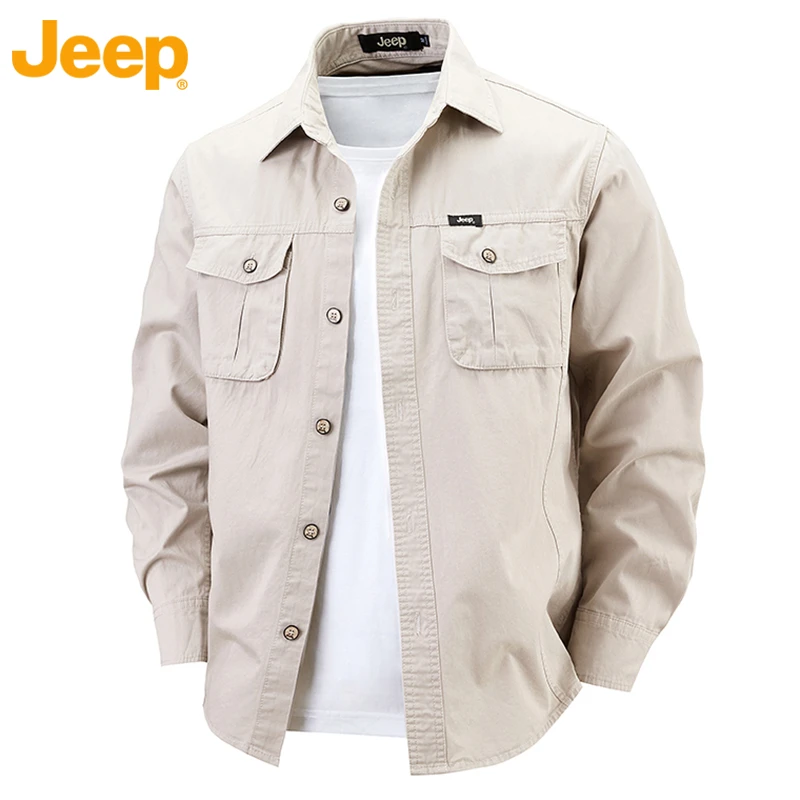 Jeep吉普长袖衬衫男款春秋新款户外休闲纯棉水洗宽松翻领工装衬衣