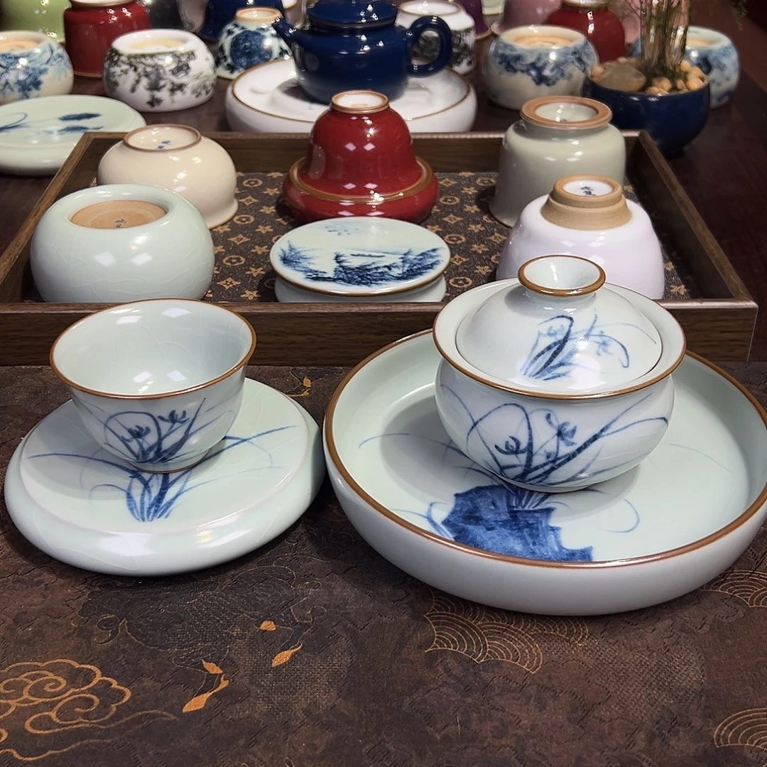 天青兰花四件套杯