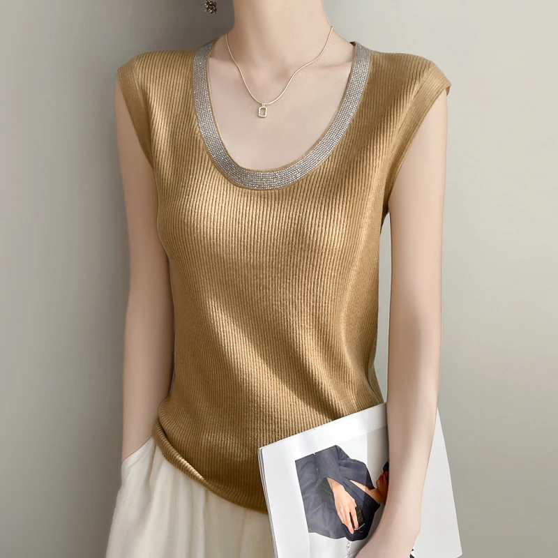 njr505新款精纺羊毛U领女士无袖背心撞色镶钻设计针织宽松上衣