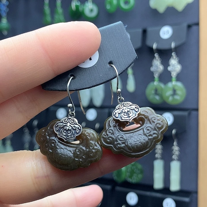 和田玉耳饰银S925镶嵌