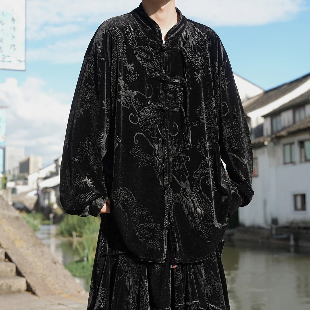 中国风龙纹提花太极服外套男秋冬季宽松金丝绒情侣款汉服唐装褂子