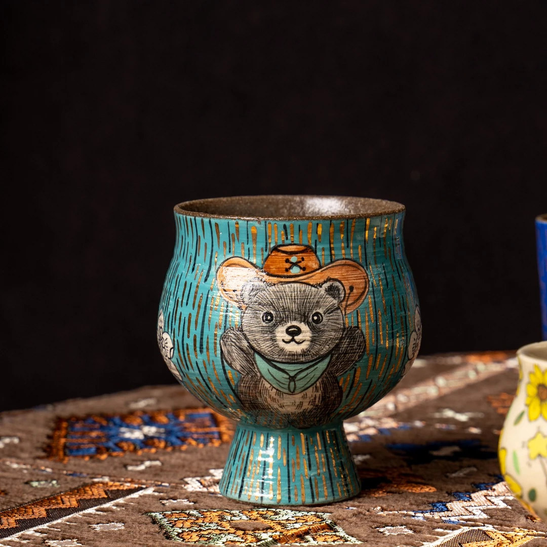 野森 | 富贵花描金系列牛仔小熊高足手握杯