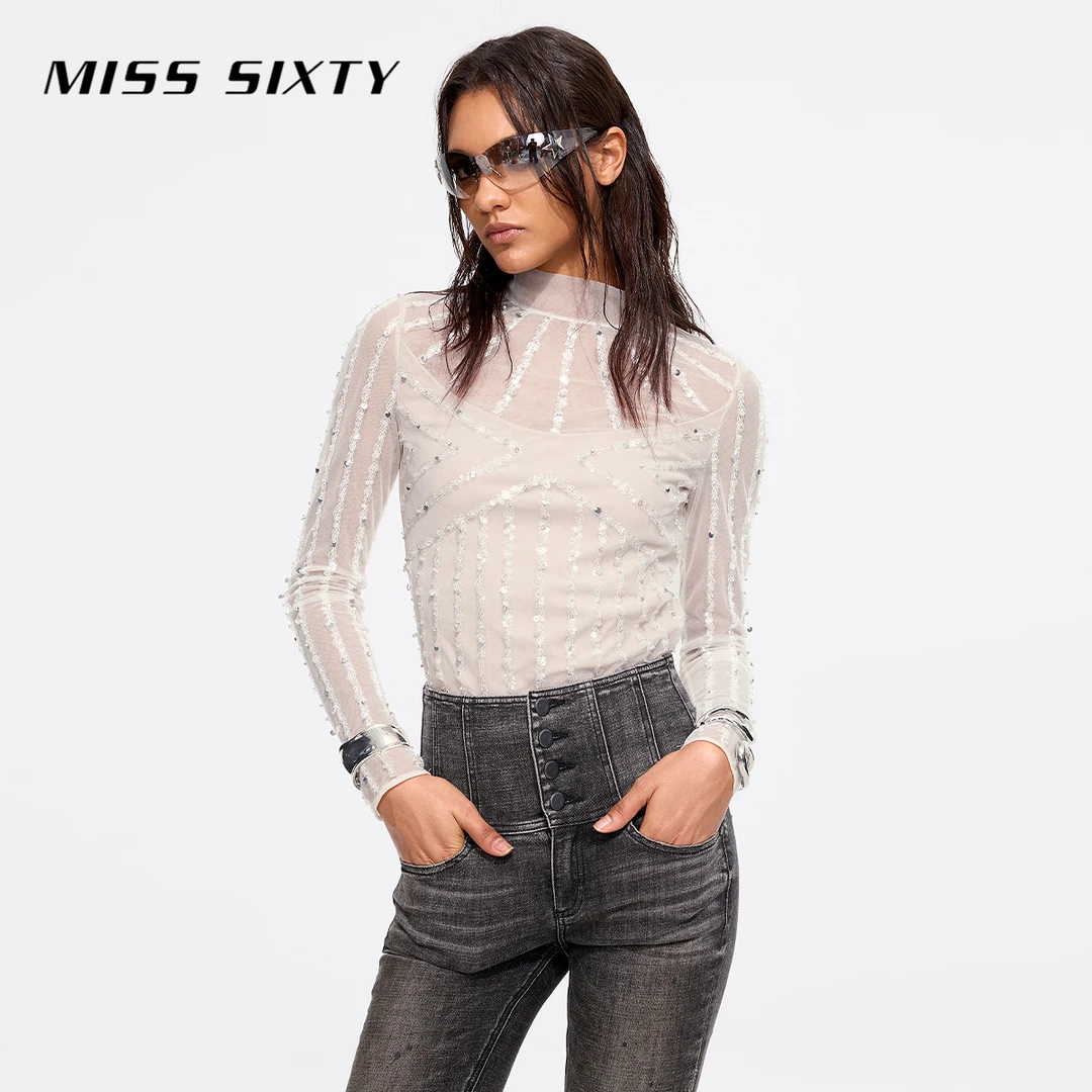 【商场同款新品】Miss Sixty2025春季长袖衬衫女半高领重工短款上衣