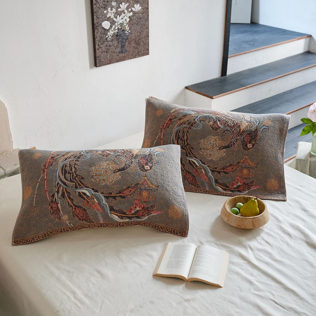 罗布红麻纱布枕巾--凤栖青岚蓝