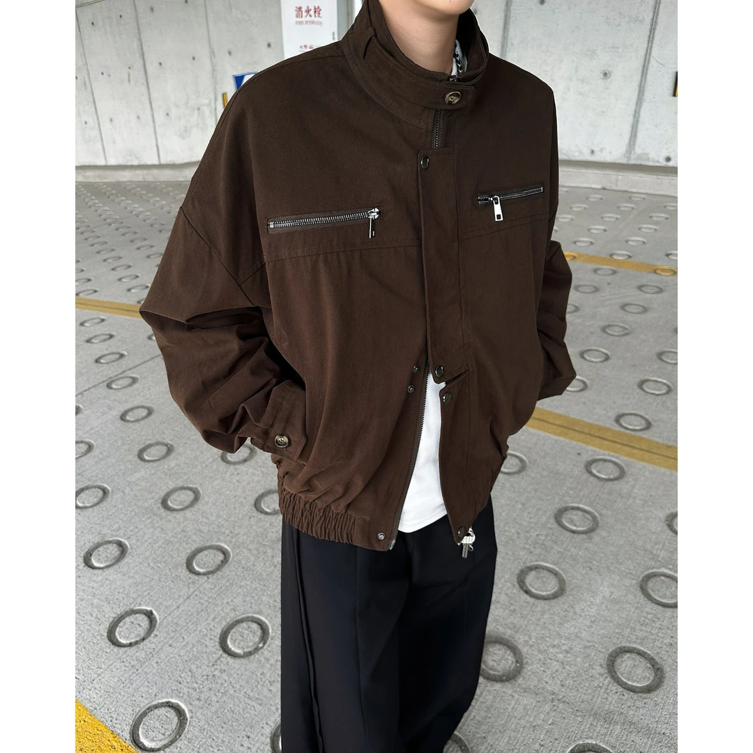 美式巴恩风立领痞帅工装夹克秋季覆古百搭潮外套vibe宽松皮夹克