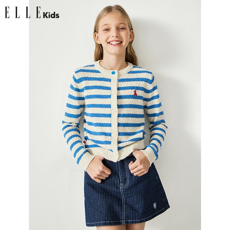 ELLEkids童装学院风蓝白条针织开衫女童春季新款颗粒绒刺绣毛衣S1