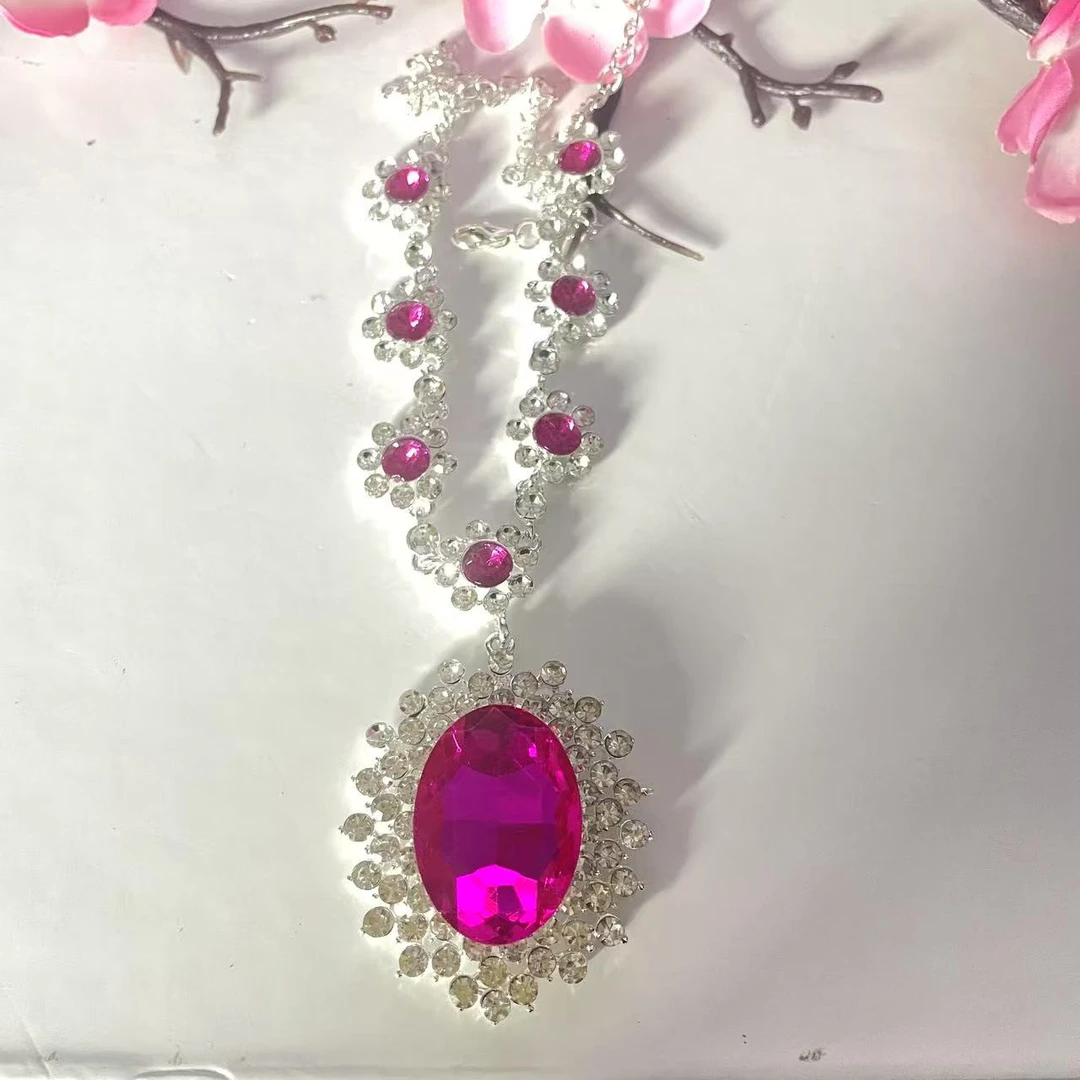 典藏品 玫红色椭圆形轻奢晚宴链项链