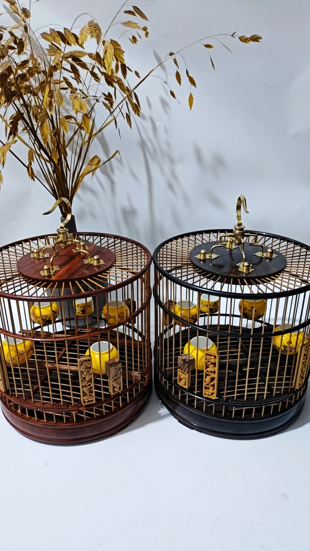 血檀乌木23圆笼绣眼灰燕红子贝子笼木框竹丝 托盘底