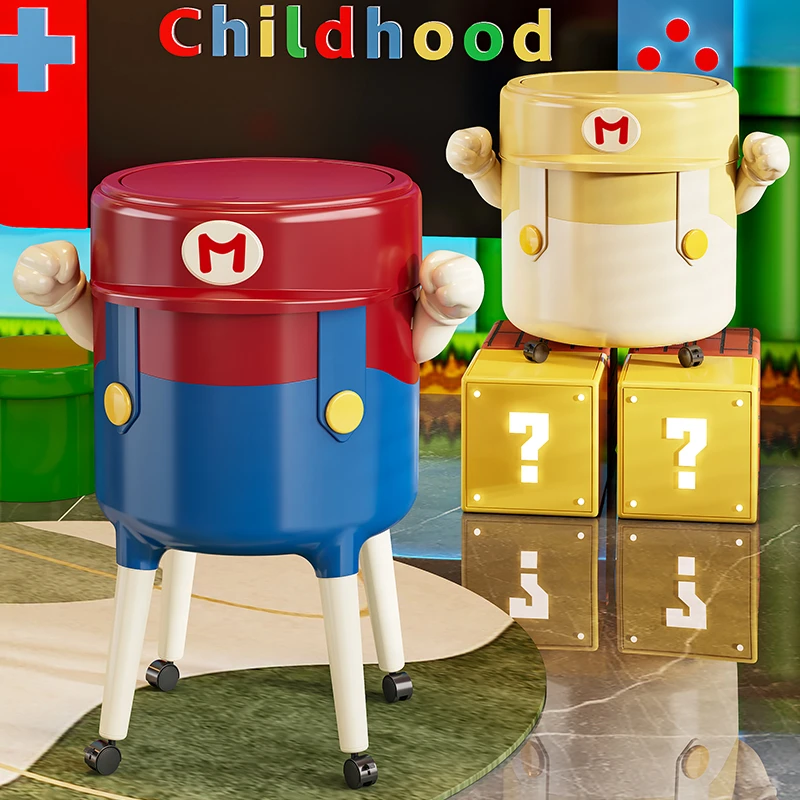 卡通马里奥垃圾桶家用高脚免弯腰厨房客厅大容量可移动收纳桶带盖