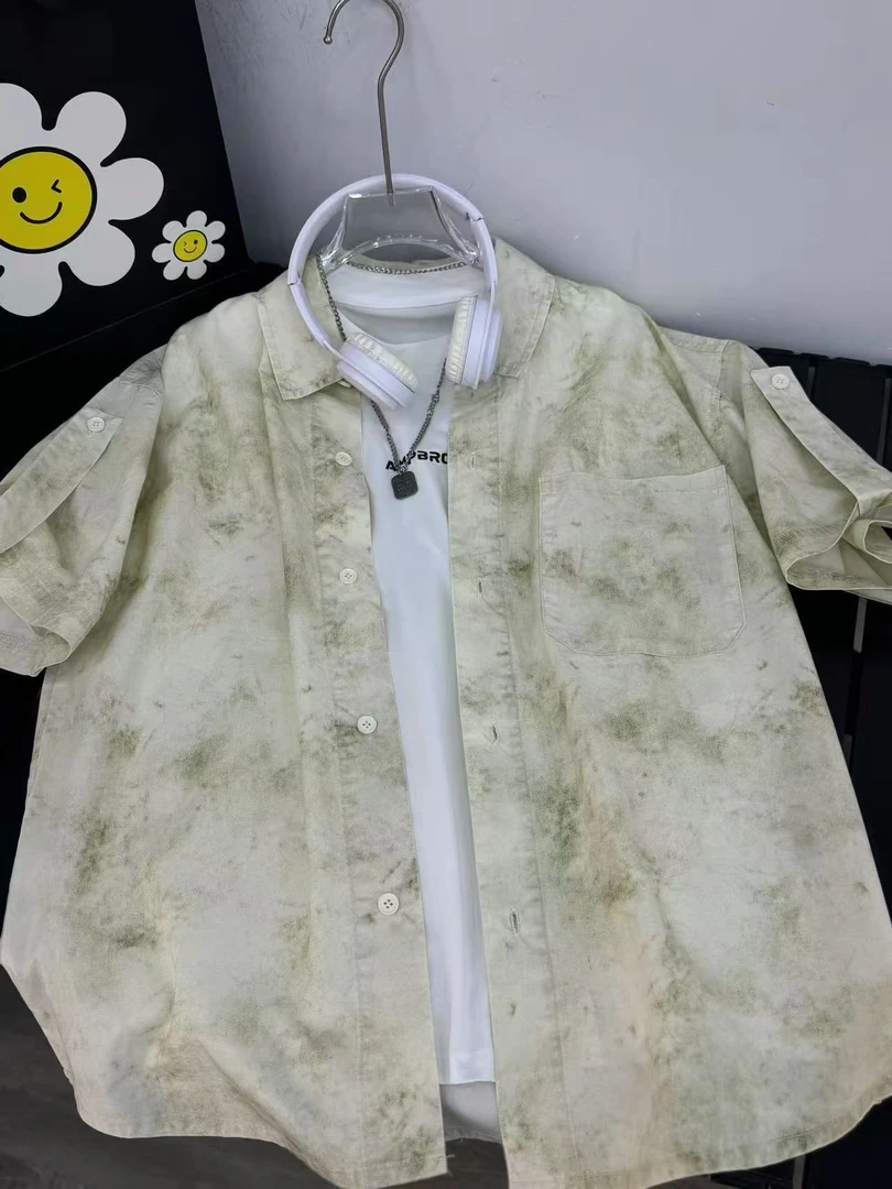 新国风冰丝凉感水墨扎染设计男女同款夏季复古痞帅短袖衬衫两件套