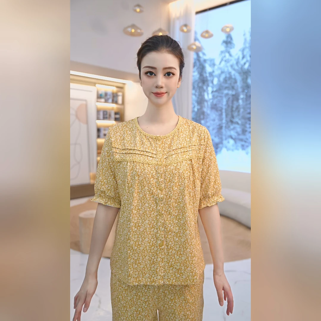 秋鹿针织印花圆领夏季棉氨五分袖九分裤女套清凉透气舒适柔软
