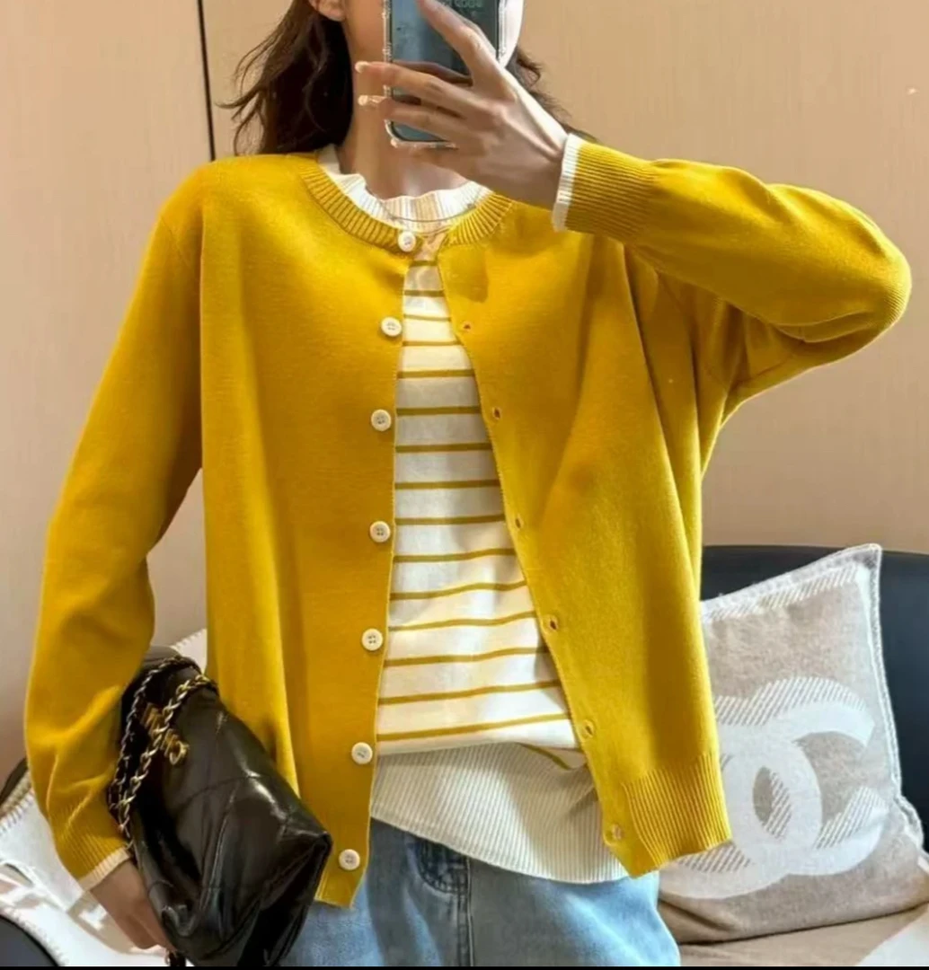 M047春秋大码韩系百搭条纹长袖假两件气质休闲显瘦圆领针织开衫女