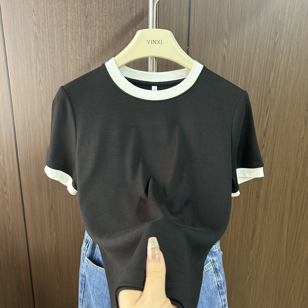 拼接短袖t恤女小圆领2025年新款螺纹休闲显瘦修缮高弹打底衫上衣