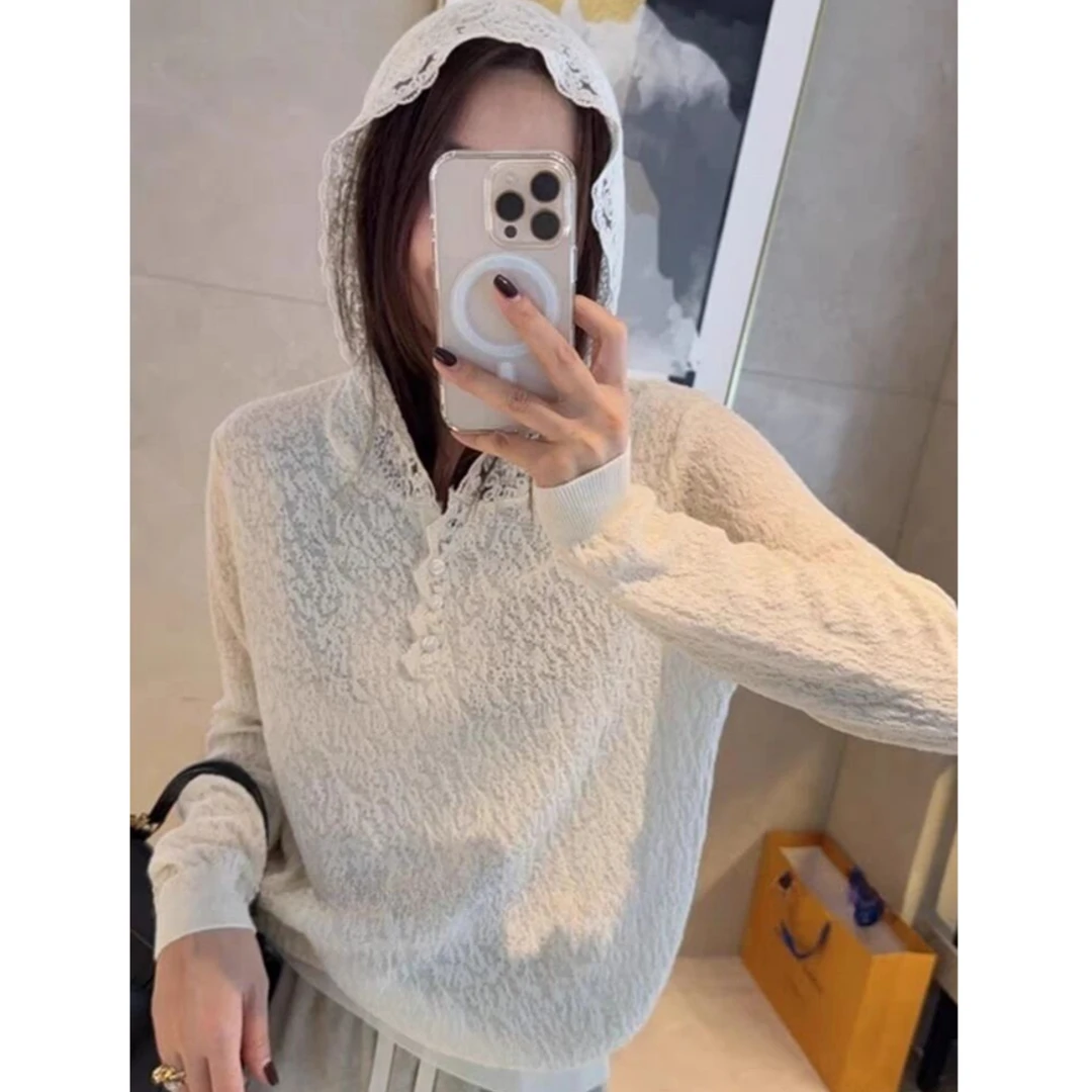 法式宽松蕾丝连帽针织上衣春秋长袖洋气时尚百搭镂空显瘦打底衫