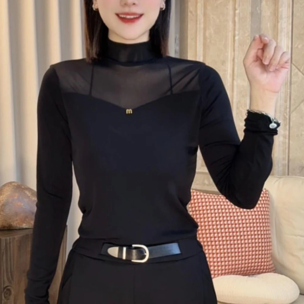 【90-190斤】早秋圆领新款时尚百搭设计感显瘦网纱长袖上衣女1539