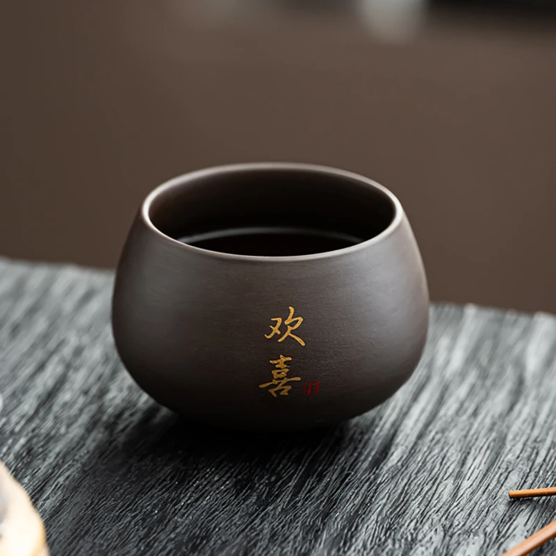 陶瓷茶具紫砂主人杯男女通用圆形品茗喝茶专用紫泥朱泥手工书法写