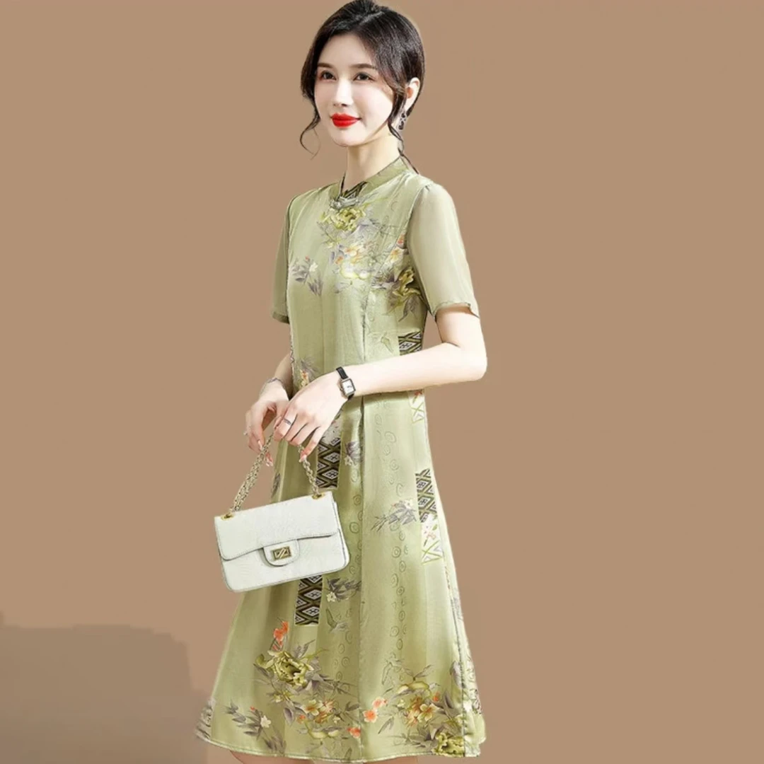 10027-妈妈夏装旗袍连衣裙中老年短袖女气质阔太太裙子【A11-1-1】