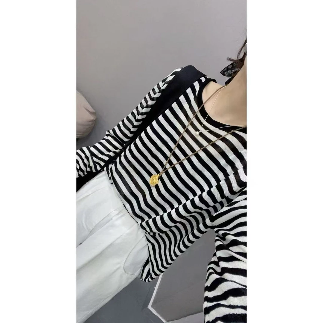 条纹长袖韩系罩衫