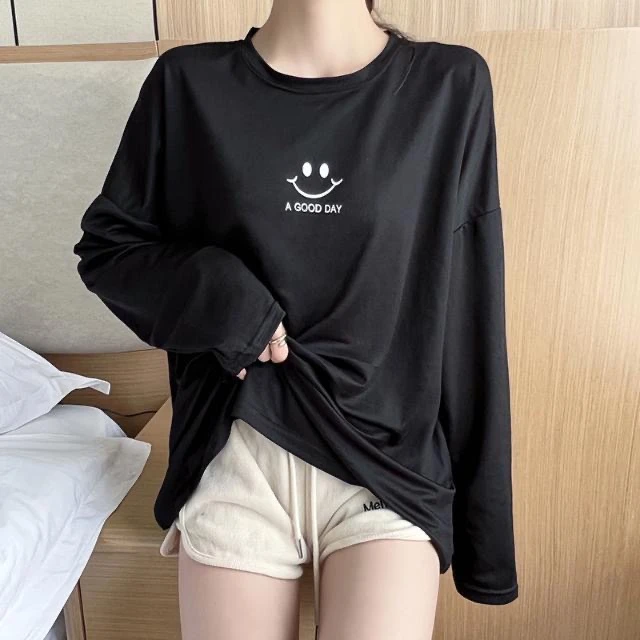 14616笑脸网纱长袖防晒罩衫女外穿夏季薄款宽松百搭新款T恤上衣