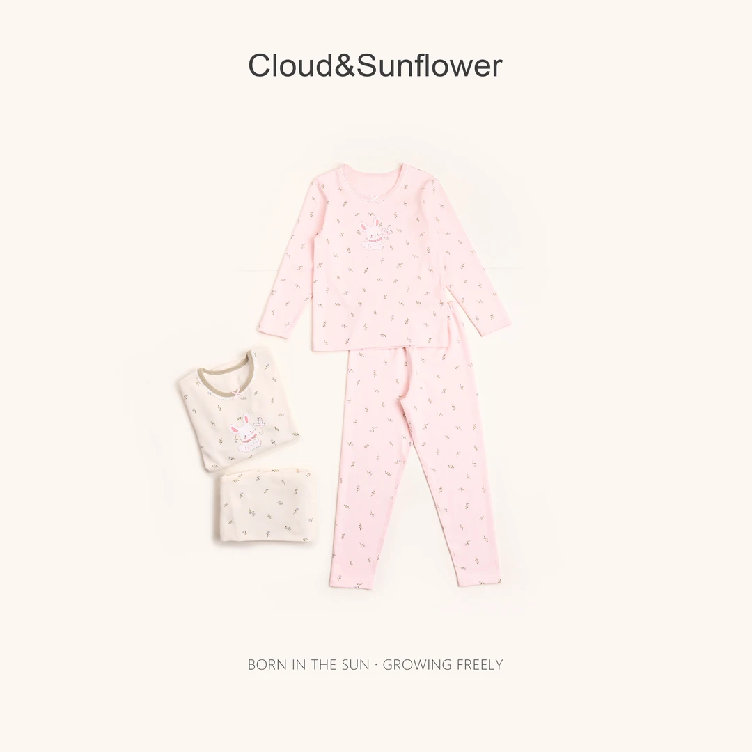 【云朵小葵】女童秋季新款小兔蝴蝶满印小花保暖家居服套装53263