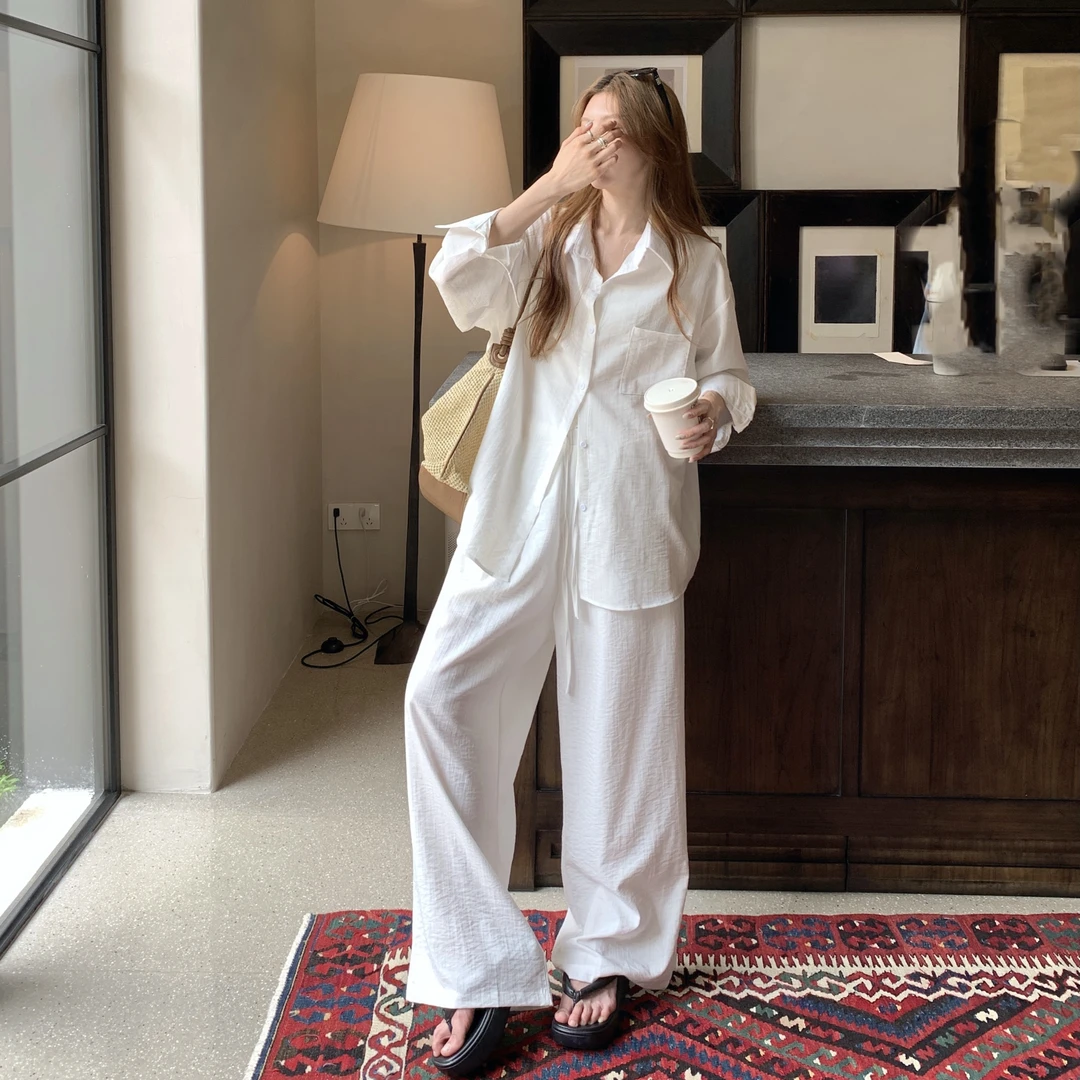 慵懒风宽松衬衫外套女装春秋白色薄款长袖防晒上衣+裤子套装815