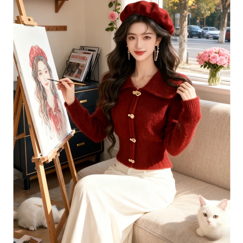 小香风短款翻领秋冬厚款女常规修身针织小个子显瘦时尚毛针织衫