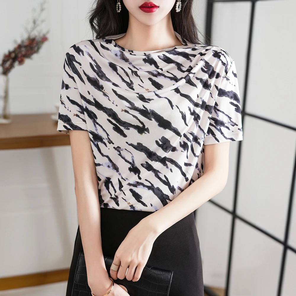 一字肩t恤女真丝桑蚕丝荡领印花显白上衣短袖通勤软糯针织丝绸