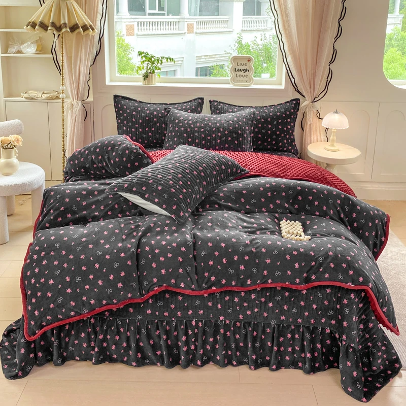 2025款冬季豆豆绒牛奶绒大花边床盖四件套双面绒加厚保暖床品套件