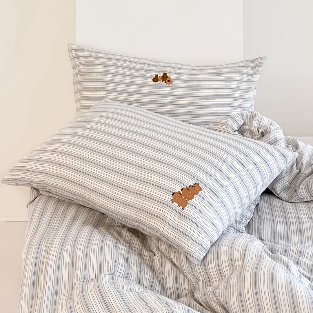 慢豚豚  纯棉色织双层纱刺绣超柔精致裸睡可爱风舒适床品四件套