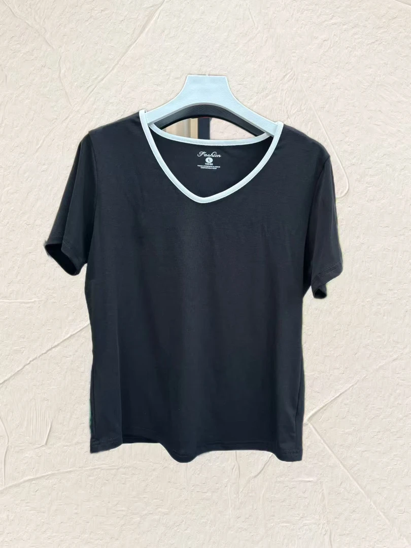 2501【小禾】“相思遥”莱赛尔V领撞色针织短袖T恤