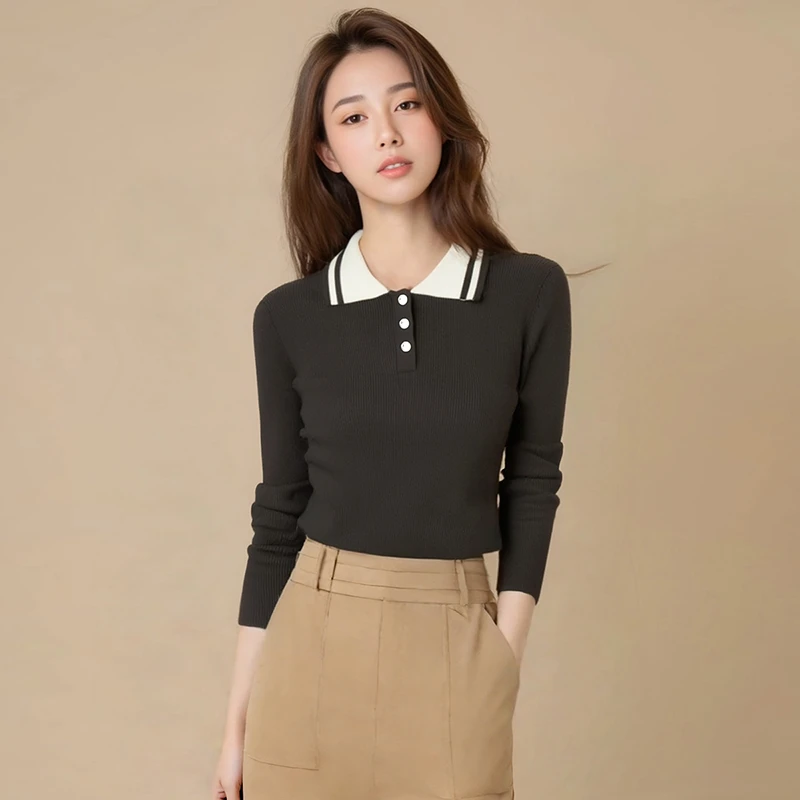 晚白春季新款时尚撞色修身长袖针织衫简约通勤毛衣女24062422