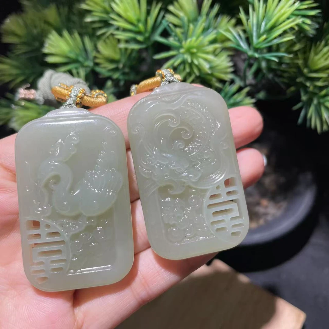 【玉经纶】20450/Q31-和田玉龙凤对牌吊坠