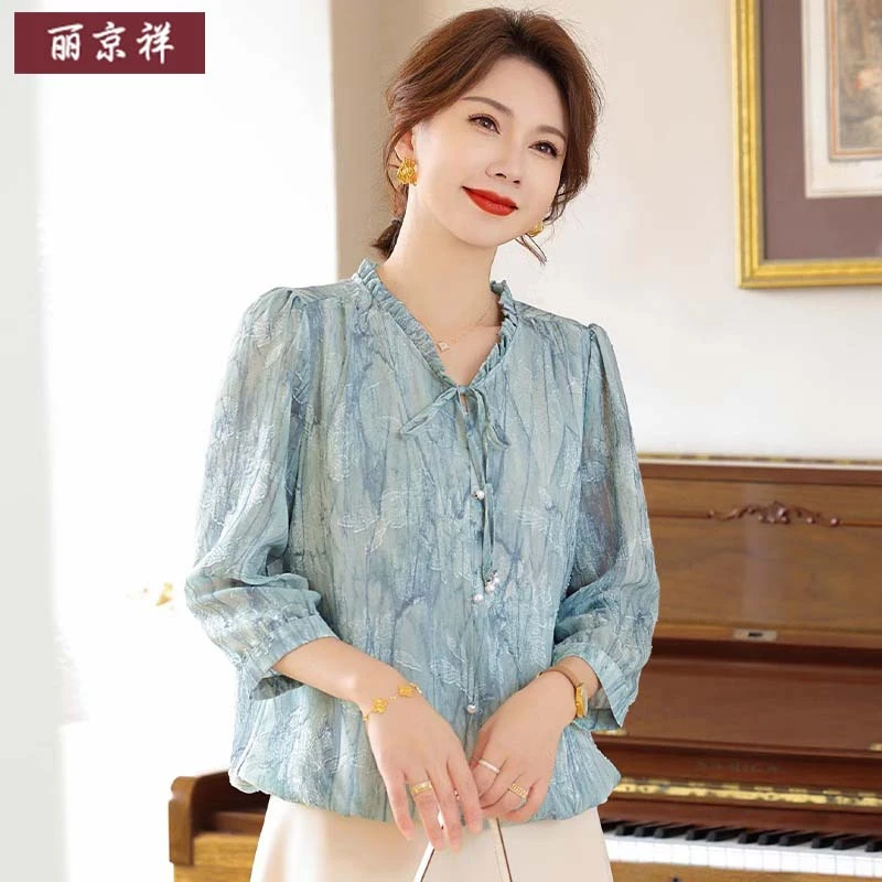 妈妈春装洋气七分袖雪纺小衫2025新款中老年女士春夏时尚T恤上衣