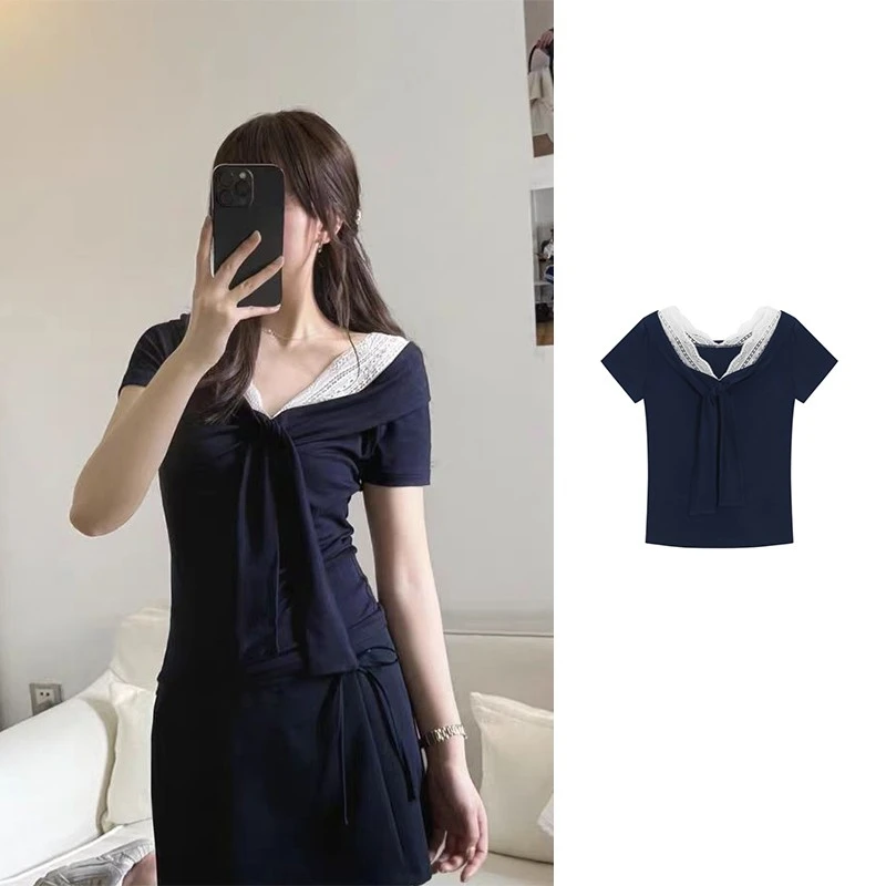 KEKE藏青色V领蕾丝纯欲短袖T恤夏季设计感小众修身拼接绑带上衣潮