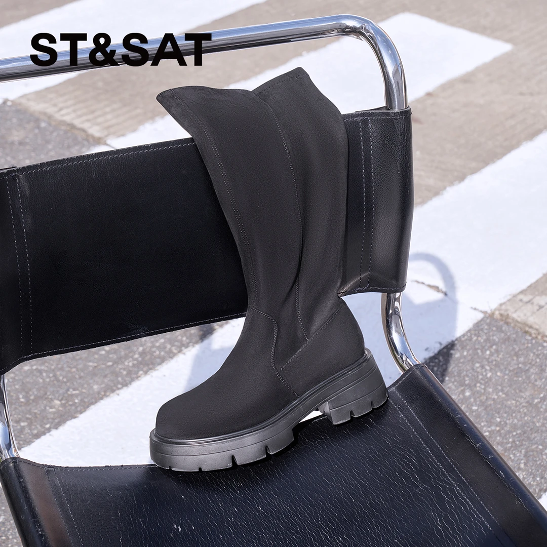 星期六女鞋时装靴厚底圆头长筒靴弹力靴流光风穿搭高筒瘦瘦靴女款