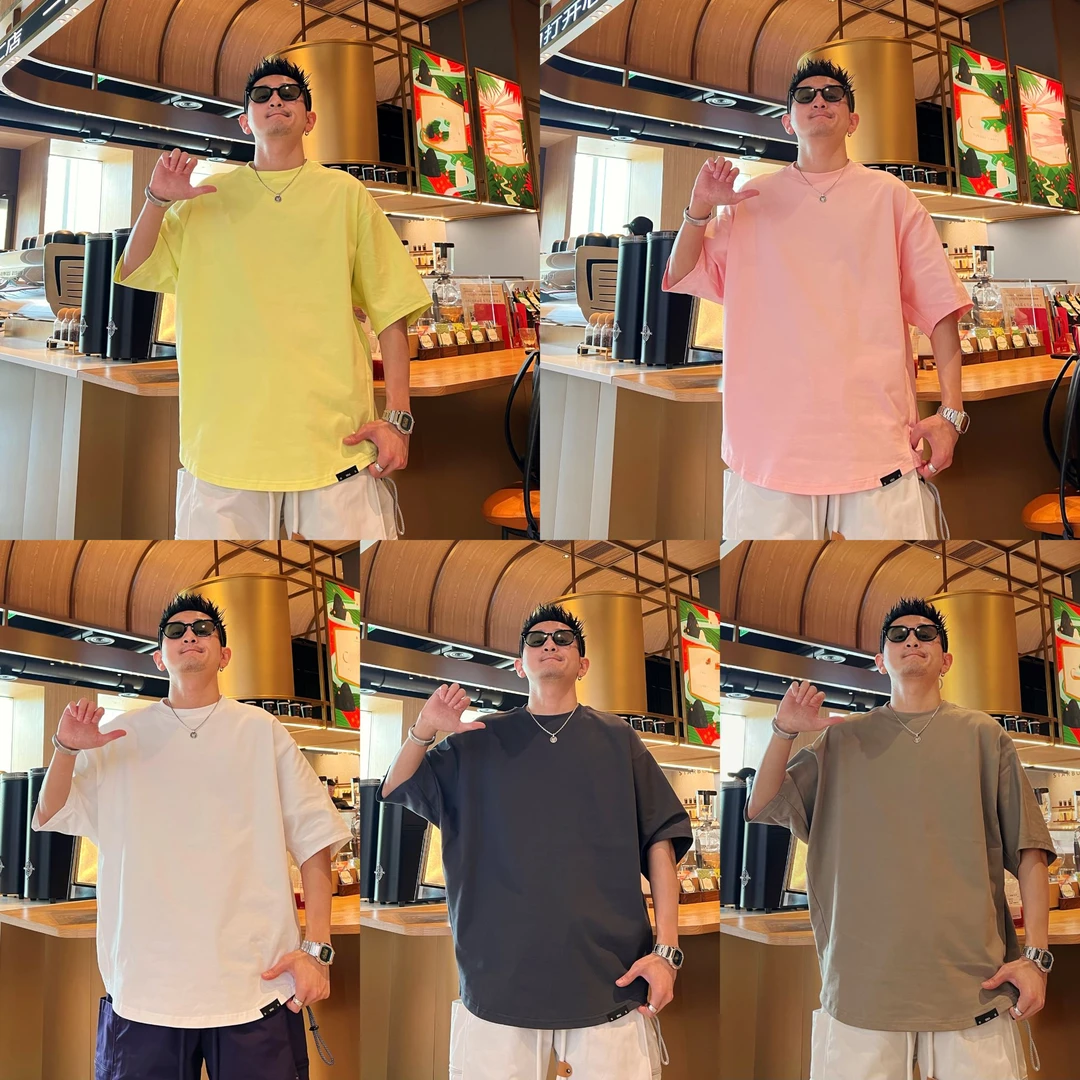 宽松透气百搭时尚潮流帅气个性纯色男士蝙蝠袖纯棉痞帅短袖T恤