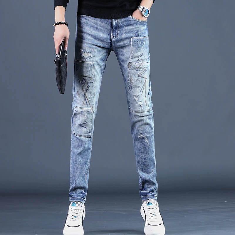 JJ高端机车破洞补丁牛仔裤男款秋季2025新款小脚修身弹力裤子男士